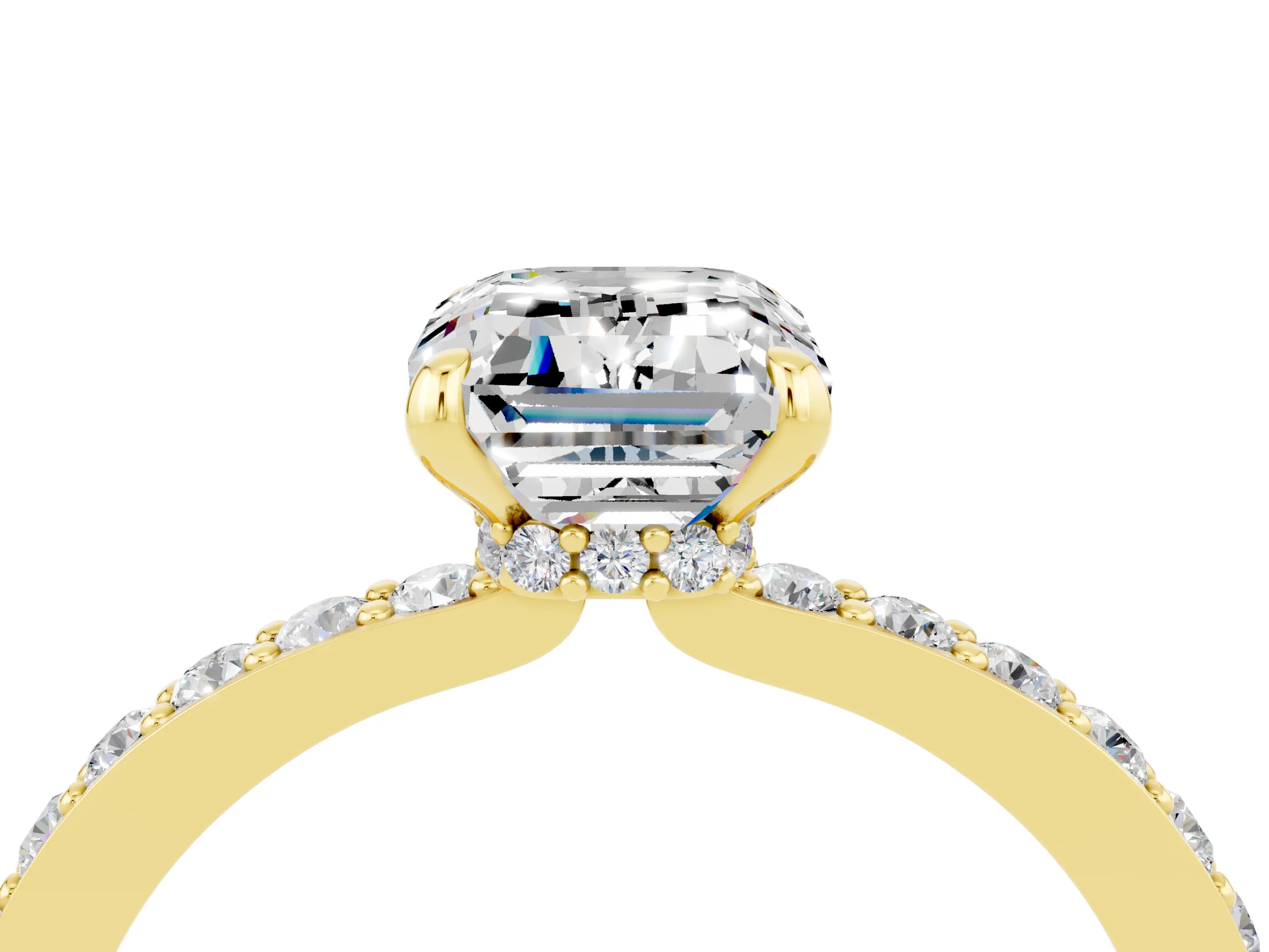 Yellow gold Emerald Cut Moissanite Ring with Pavé Band and Four-Prong Setting_4