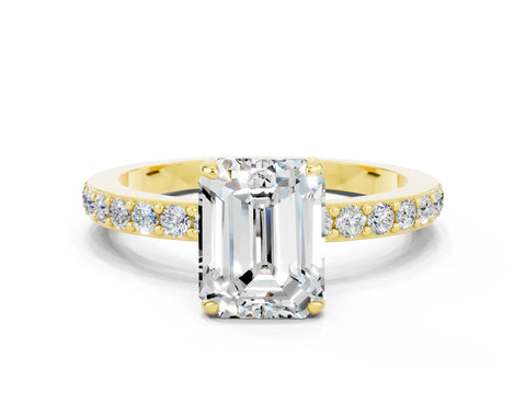 Yellow gold Emerald Cut Moissanite Ring with Pavé Band and Four-Prong Setting