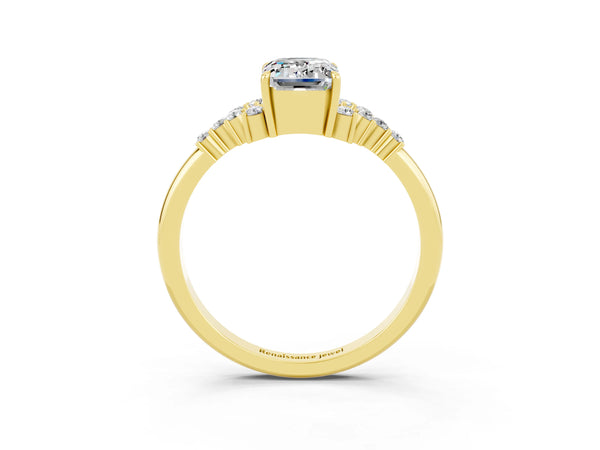 Yellow gold Emerald Cut Moissanite Ring with Side Stones and Four-Prong Setting