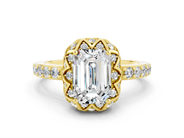 Yellow gold Emerald Cut Moissanite Scalloped Halo Engagement Ring with Round Shared Prong Band