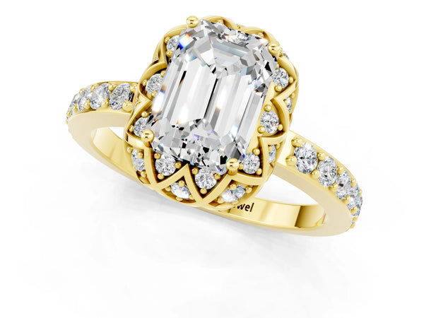 Yellow gold Emerald Cut Moissanite Scalloped Halo Engagement Ring with Round Shared Prong Band