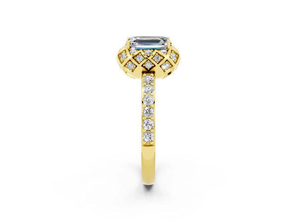 Yellow gold Emerald Cut Moissanite Scalloped Halo Engagement Ring with Round Shared Prong Band