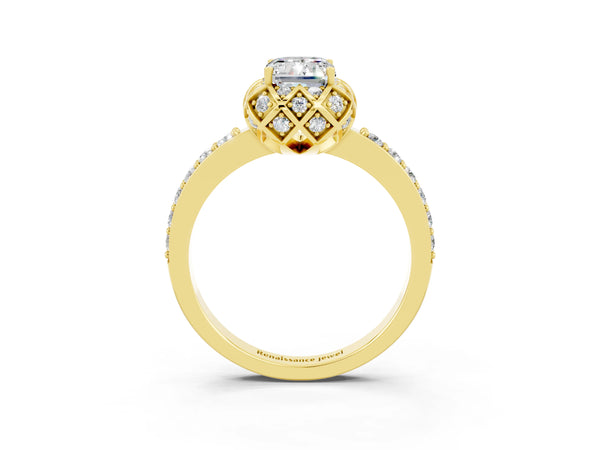 Yellow gold Emerald Cut Moissanite Scalloped Halo Engagement Ring with Round Shared Prong Band