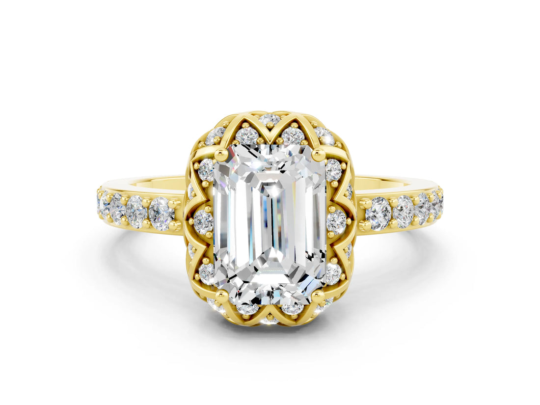 Yellow gold Emerald Cut Moissanite Scalloped Halo Engagement Ring with Round Shared Prong Band_24