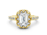 Yellow gold Emerald Cut Moissanite Scalloped Halo Engagement Ring with Round Shared Prong Band_24