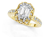 Yellow gold Emerald Cut Moissanite Scalloped Halo Engagement Ring with Round Shared Prong Band_25