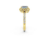 Yellow gold Emerald Cut Moissanite Scalloped Halo Engagement Ring with Round Shared Prong Band_26