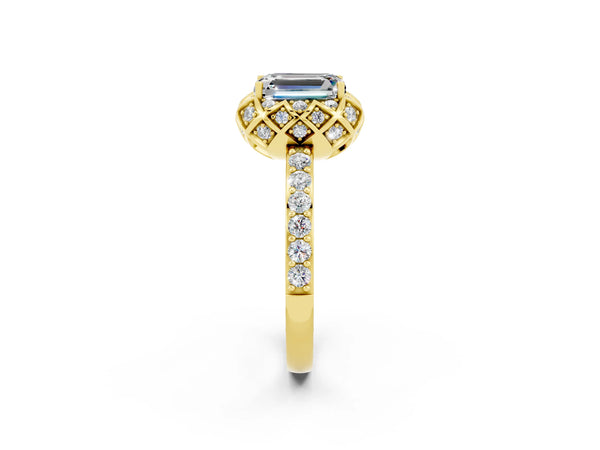 Yellow gold Emerald Cut Moissanite Scalloped Halo Engagement Ring with Round Shared Prong Band