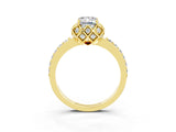 Yellow gold Emerald Cut Moissanite Scalloped Halo Engagement Ring with Round Shared Prong Band_27