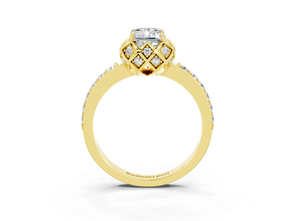 Yellow gold Emerald Cut Moissanite Scalloped Halo Engagement Ring with Round Shared Prong Band