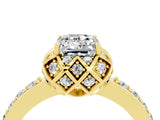 Yellow gold Emerald Cut Moissanite Scalloped Halo Engagement Ring with Round Shared Prong Band_28