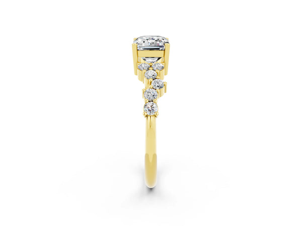 Yellow gold Emerald Cut Moissanite Scattered Round Accent Ring with Prong Setting