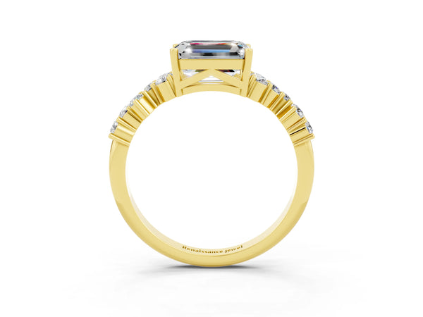 Yellow gold Emerald Cut Moissanite Scattered Round Accent Ring with Prong Setting