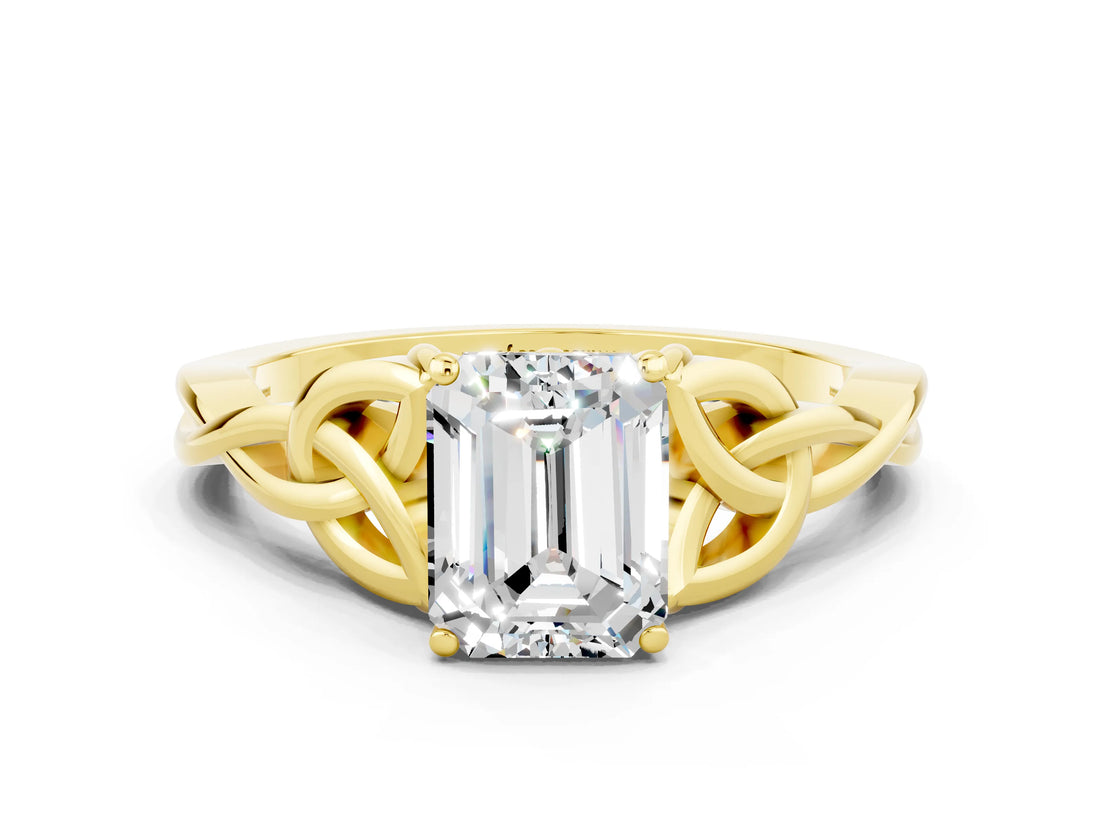 Yellow gold Emerald Cut Moissanite Solitaire Celtic Knot Ring with Four-Prong Setting_12