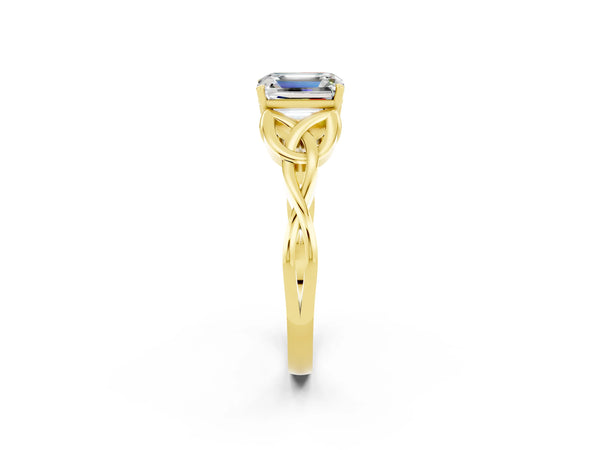 Yellow gold Emerald Cut Moissanite Solitaire Celtic Knot Ring with Four-Prong Setting