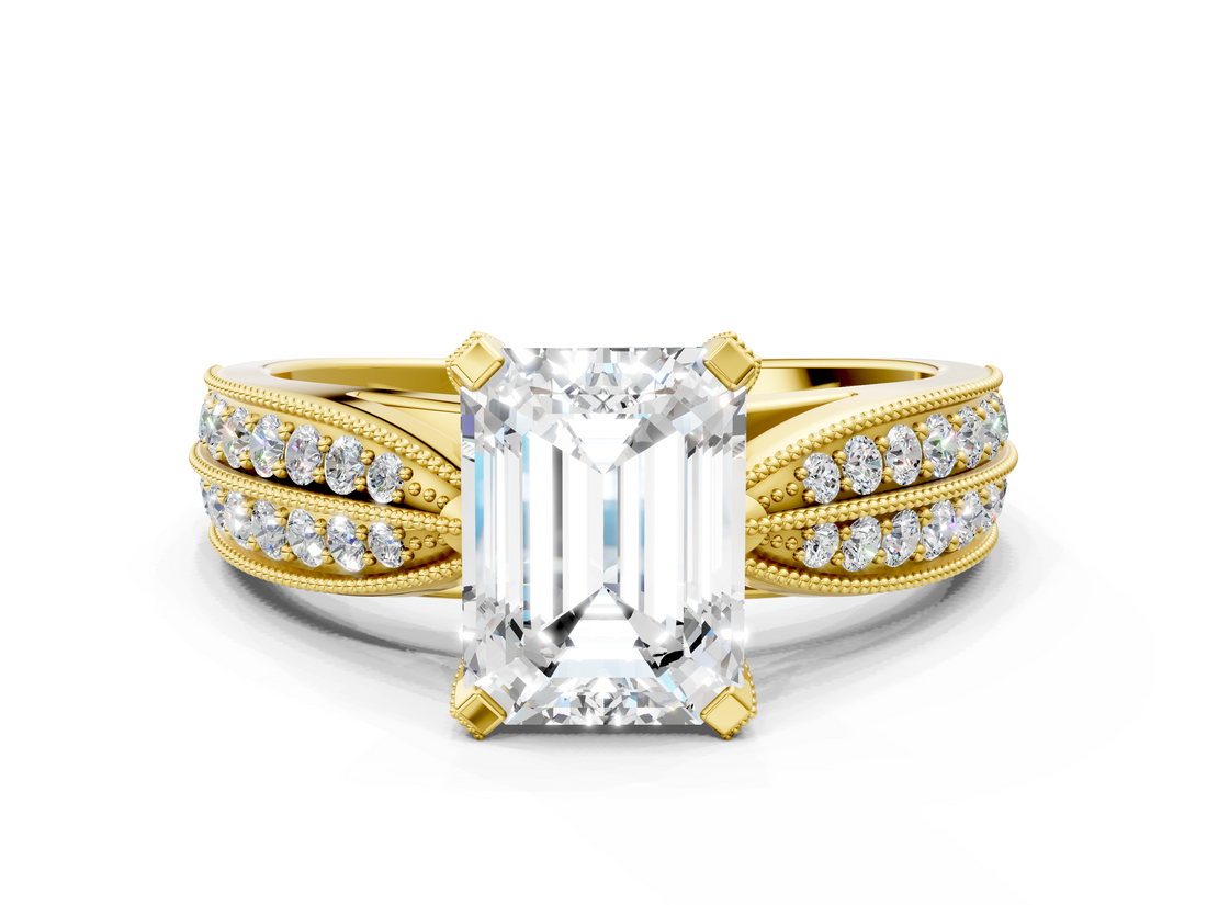 Yellow gold Emerald Cut Moissanite   Solitaire Diamond Ring with Milgrain Pavé Band and Four-Prong Setting_34