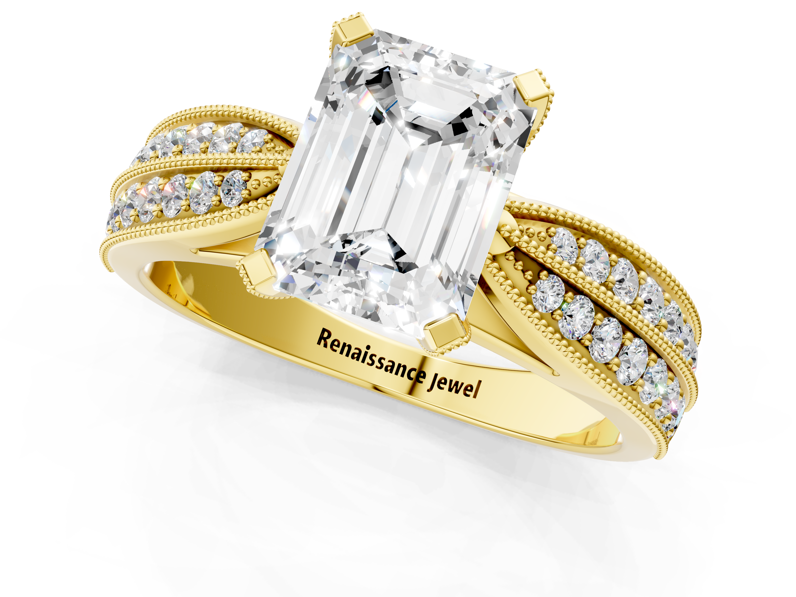 Yellow gold Emerald Cut Moissanite   Solitaire Diamond Ring with Milgrain Pavé Band and Four-Prong Setting_35