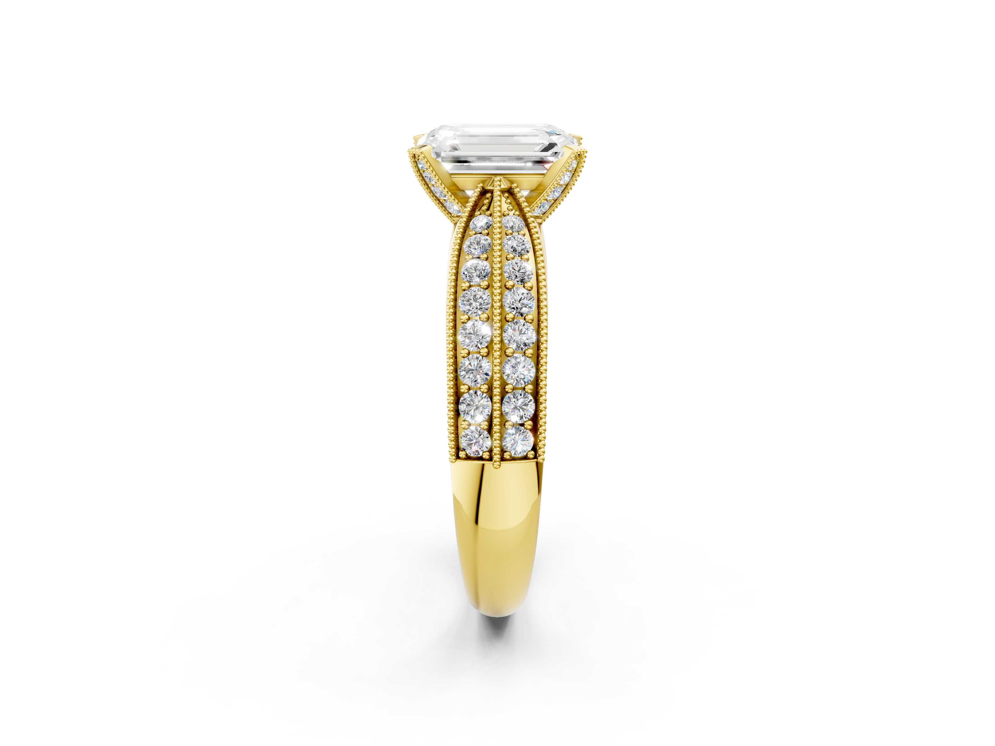Yellow gold Emerald Cut Moissanite   Solitaire Diamond Ring with Milgrain Pavé Band and Four-Prong Setting_36