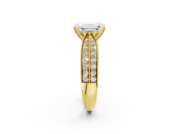 Yellow gold Emerald Cut Moissanite   Solitaire Diamond Ring with Milgrain Pavé Band and Four-Prong Setting