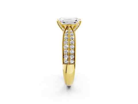 Yellow gold Emerald Cut Moissanite   Solitaire Diamond Ring with Milgrain Pavé Band and Four-Prong Setting_36