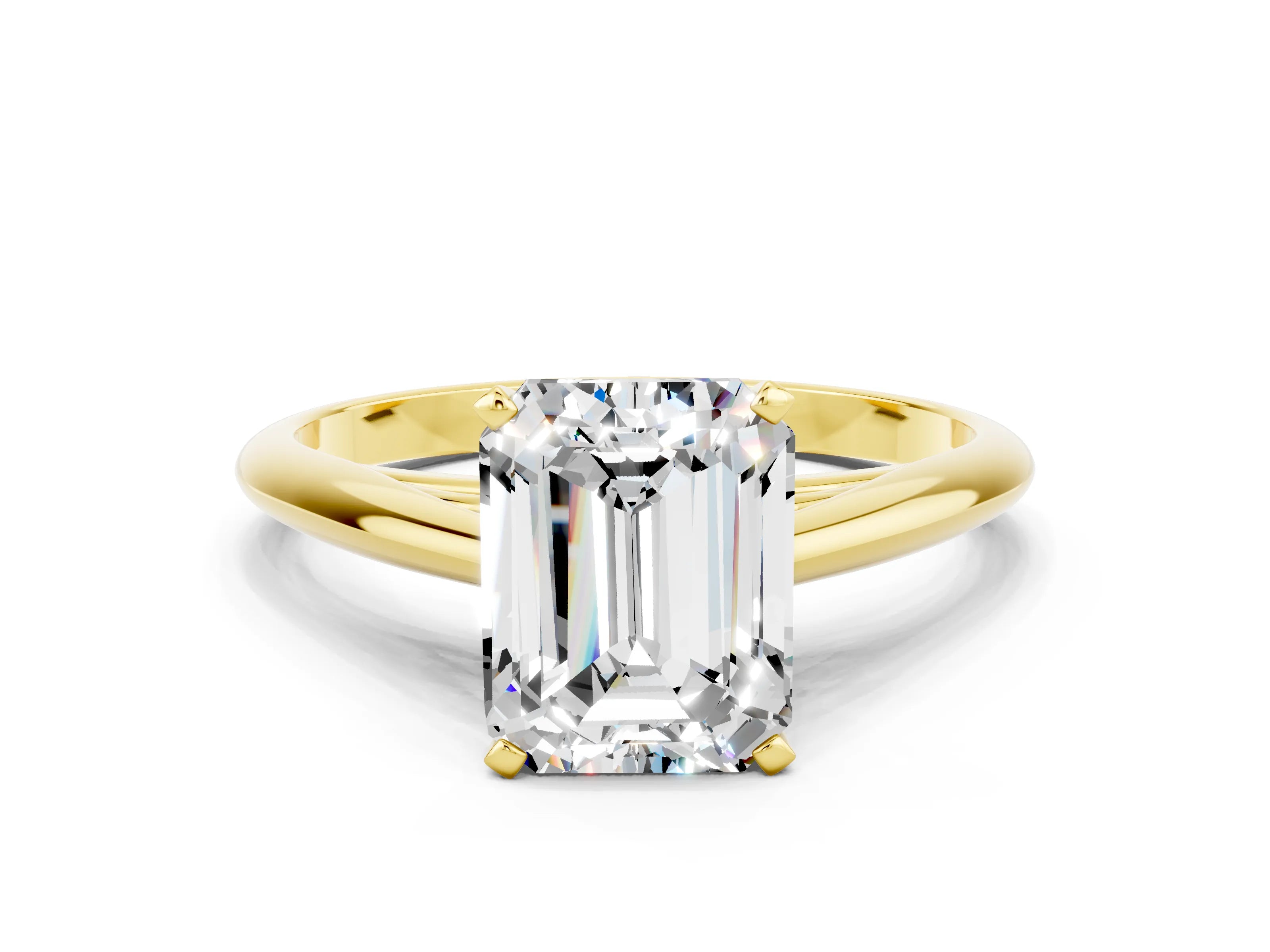Yellow gold Emerald Cut Moissanite Solitaire Engagement Ring with Cathedral Setting and Four-Prong Mount_12