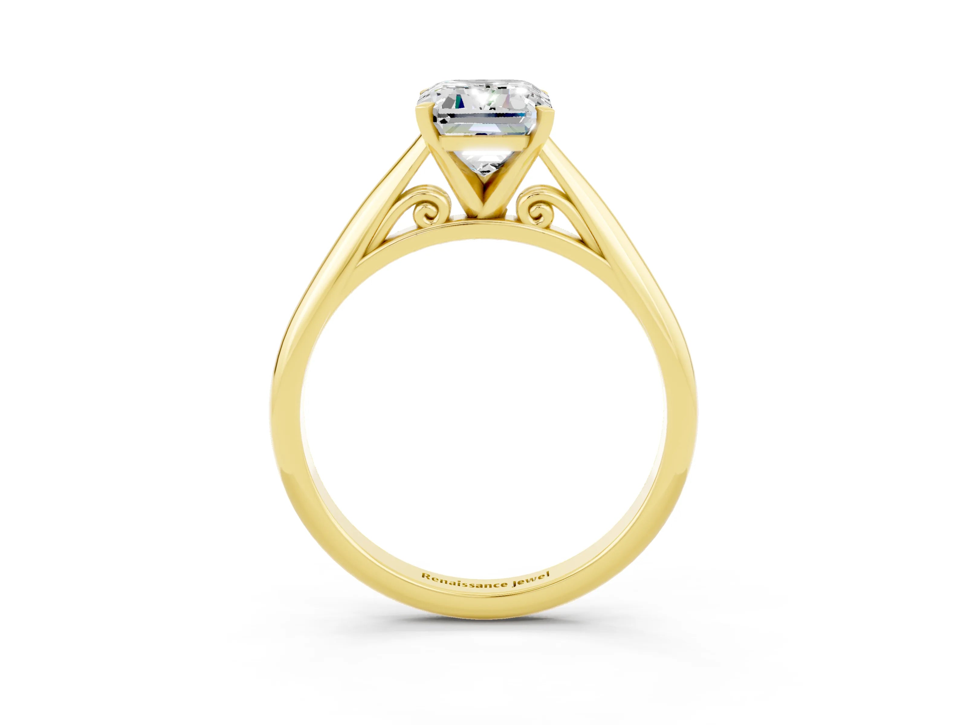 Yellow gold Emerald Cut Moissanite Solitaire Engagement Ring with Cathedral Setting and Four-Prong Mount_15