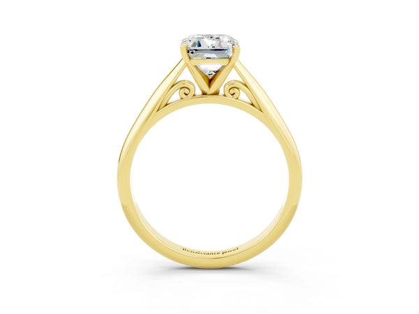 Yellow gold Emerald Cut Moissanite Solitaire Engagement Ring with Cathedral Setting and Four-Prong Mount