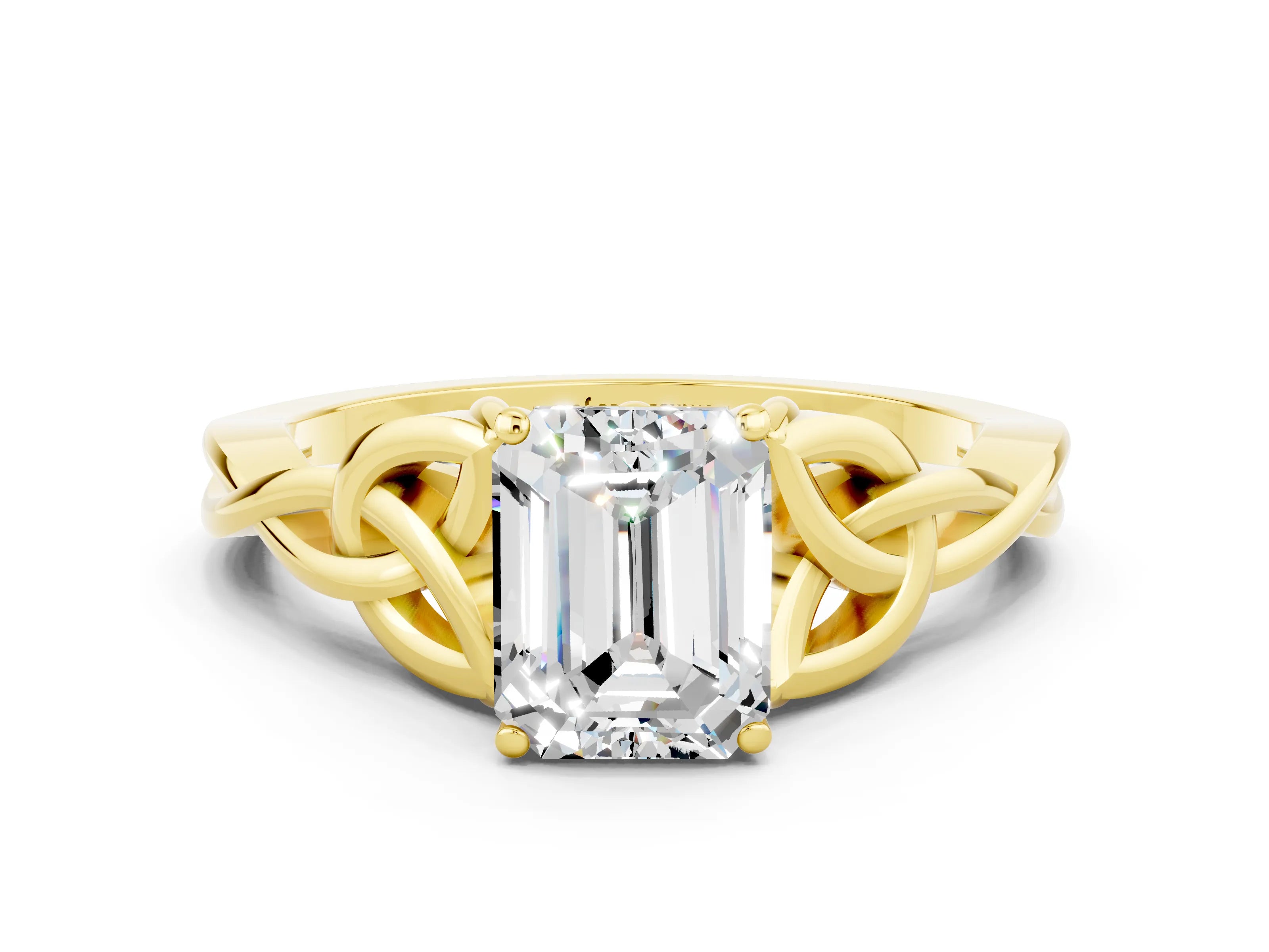Yellow gold Emerald Cut Moissanite Solitaire Engagement Ring with Celtic Knot Band and Four-Prong Setting