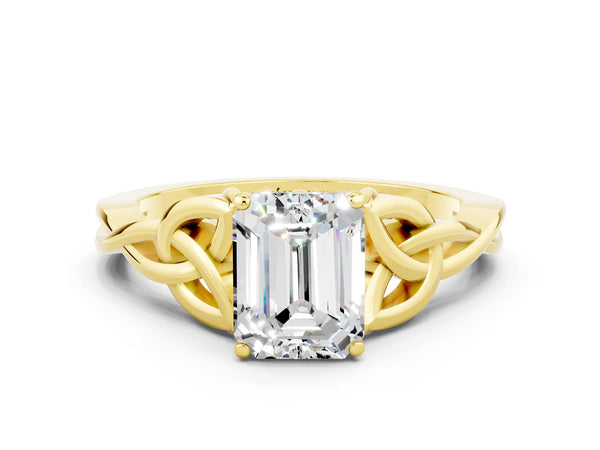 Yellow gold Emerald Cut Moissanite Solitaire Engagement Ring with Celtic Knot Band and Four-Prong Setting