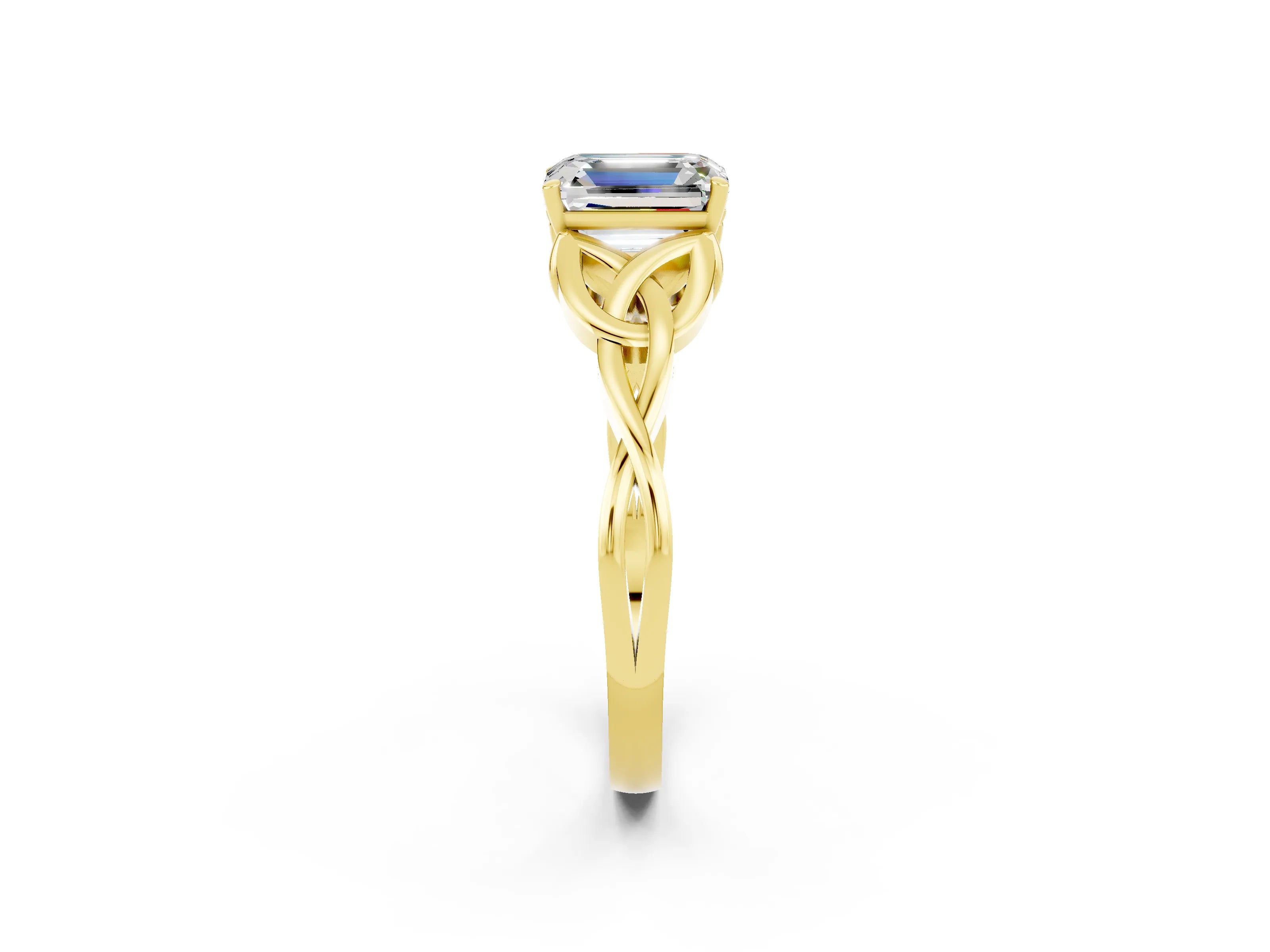 Yellow gold Emerald Cut Moissanite Solitaire Engagement Ring with Celtic Knot Band and Four-Prong Setting_2