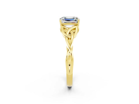 Yellow gold Emerald Cut Moissanite Solitaire Engagement Ring with Celtic Knot Band and Four-Prong Setting_2