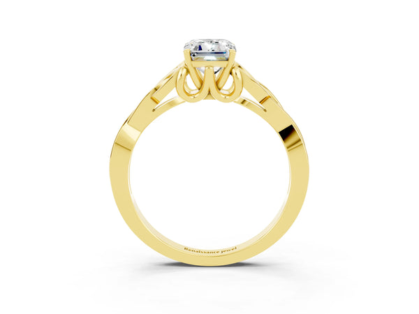 Yellow gold Emerald Cut Moissanite Solitaire Engagement Ring with Celtic Knot Band and Four-Prong Setting