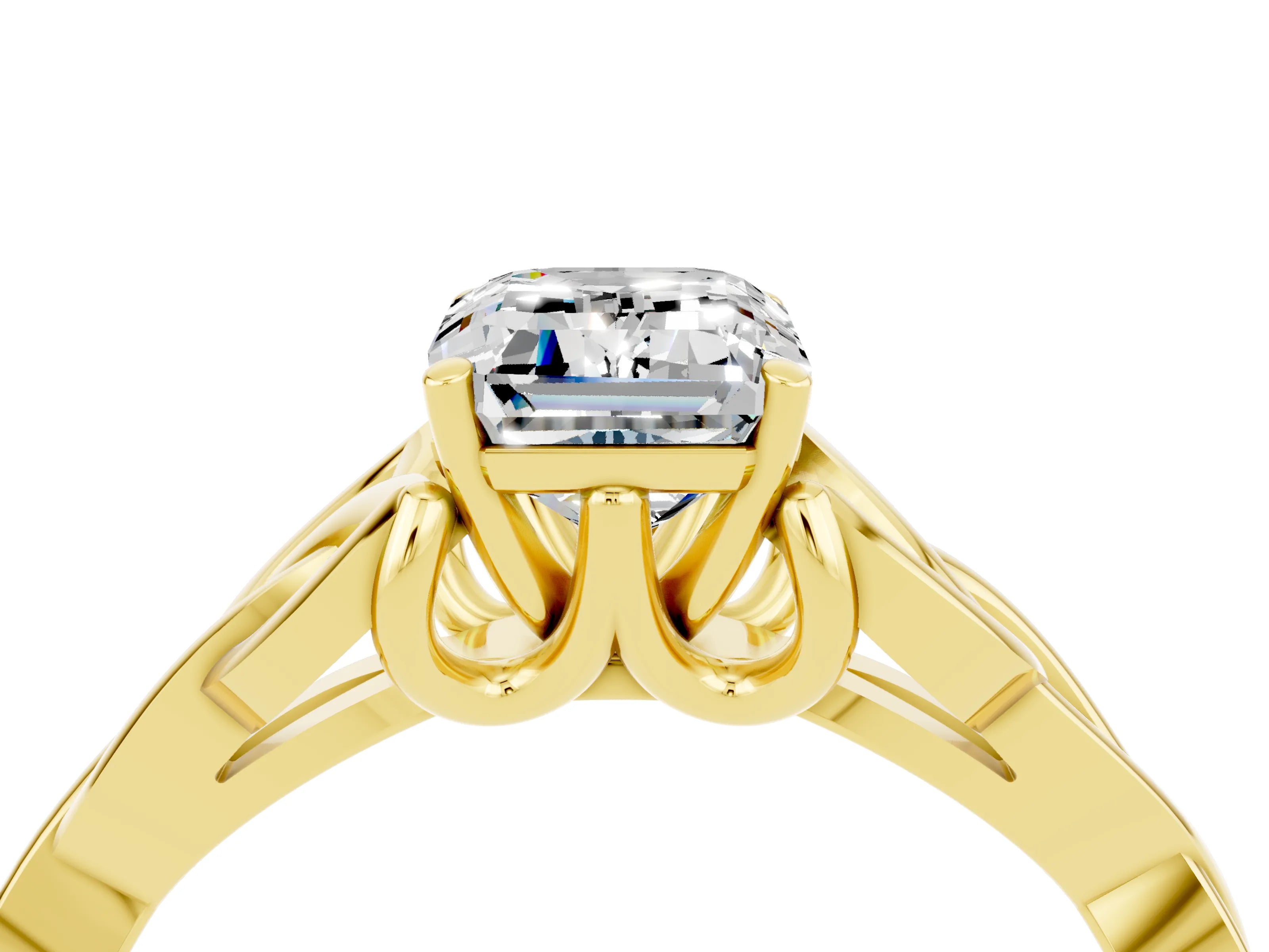 Yellow gold Emerald Cut Moissanite Solitaire Engagement Ring with Celtic Knot Band and Four-Prong Setting_4
