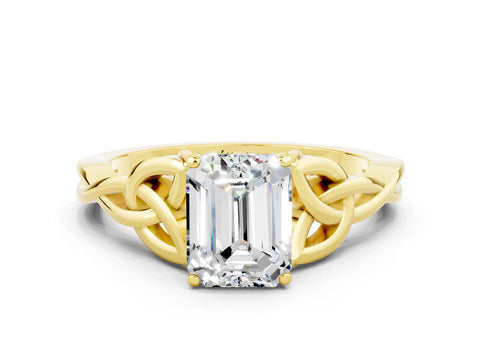Yellow gold Emerald Cut Moissanite Solitaire Engagement Ring with Celtic Knot Band and Four-Prong Setting