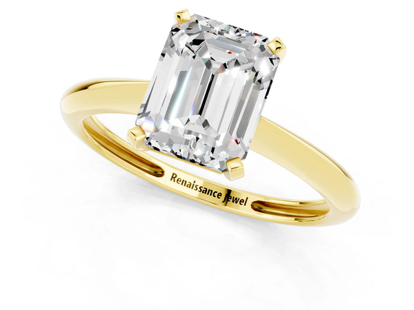 Yellow gold Emerald Cut Moissanite Solitaire Engagement Ring with Classic Band and Four-Prong Setting