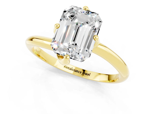 Yellow gold Emerald Cut Moissanite Solitaire Engagement Ring with Four-Prong Setting and Classic Band