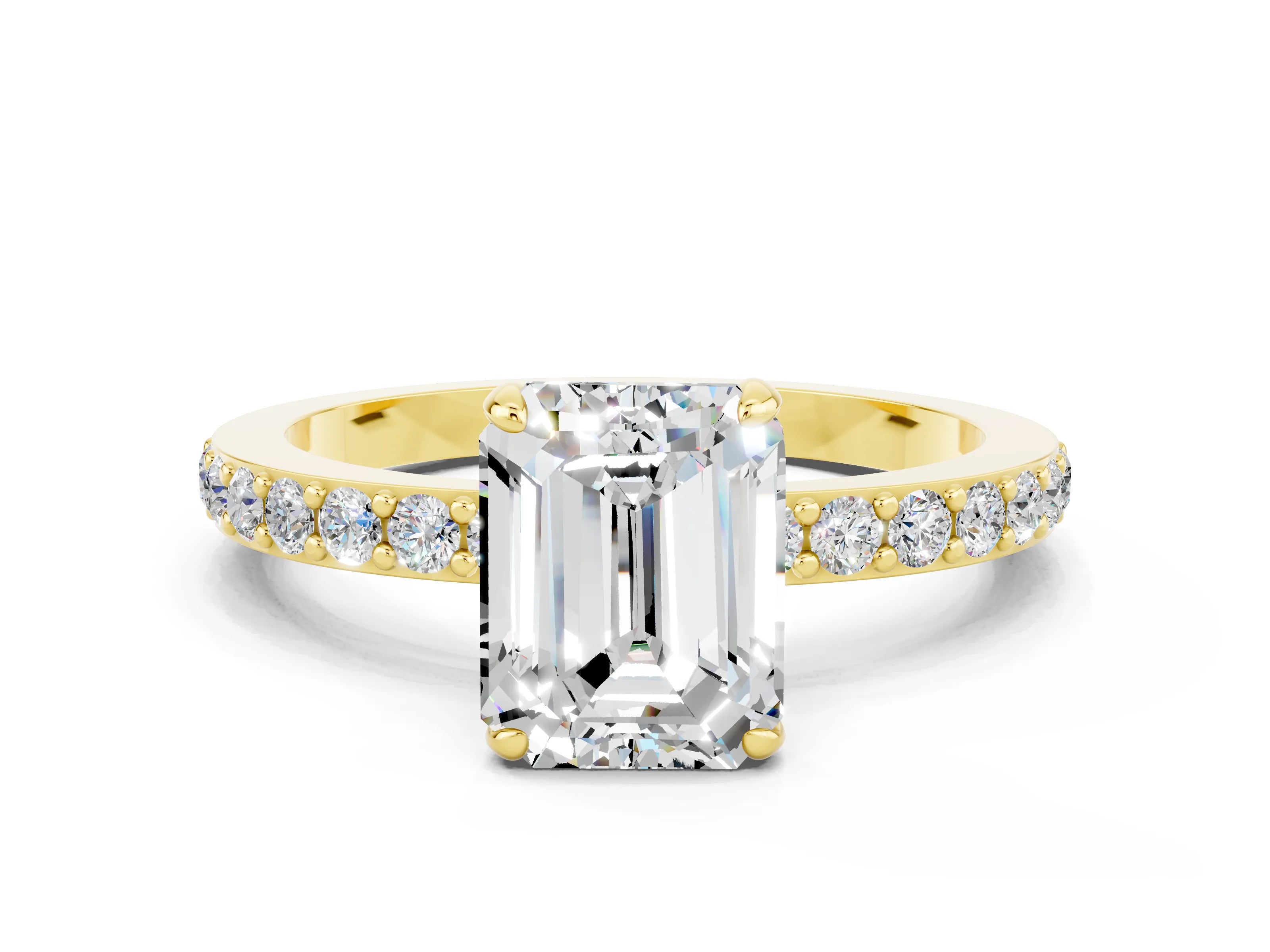 Yellow gold Emerald Cut Moissanite Solitaire Engagement Ring with Pavé Band and Four-Prong Setting