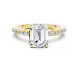 Yellow gold Emerald Cut Moissanite Solitaire Engagement Ring with Pavé Band and Four-Prong Setting