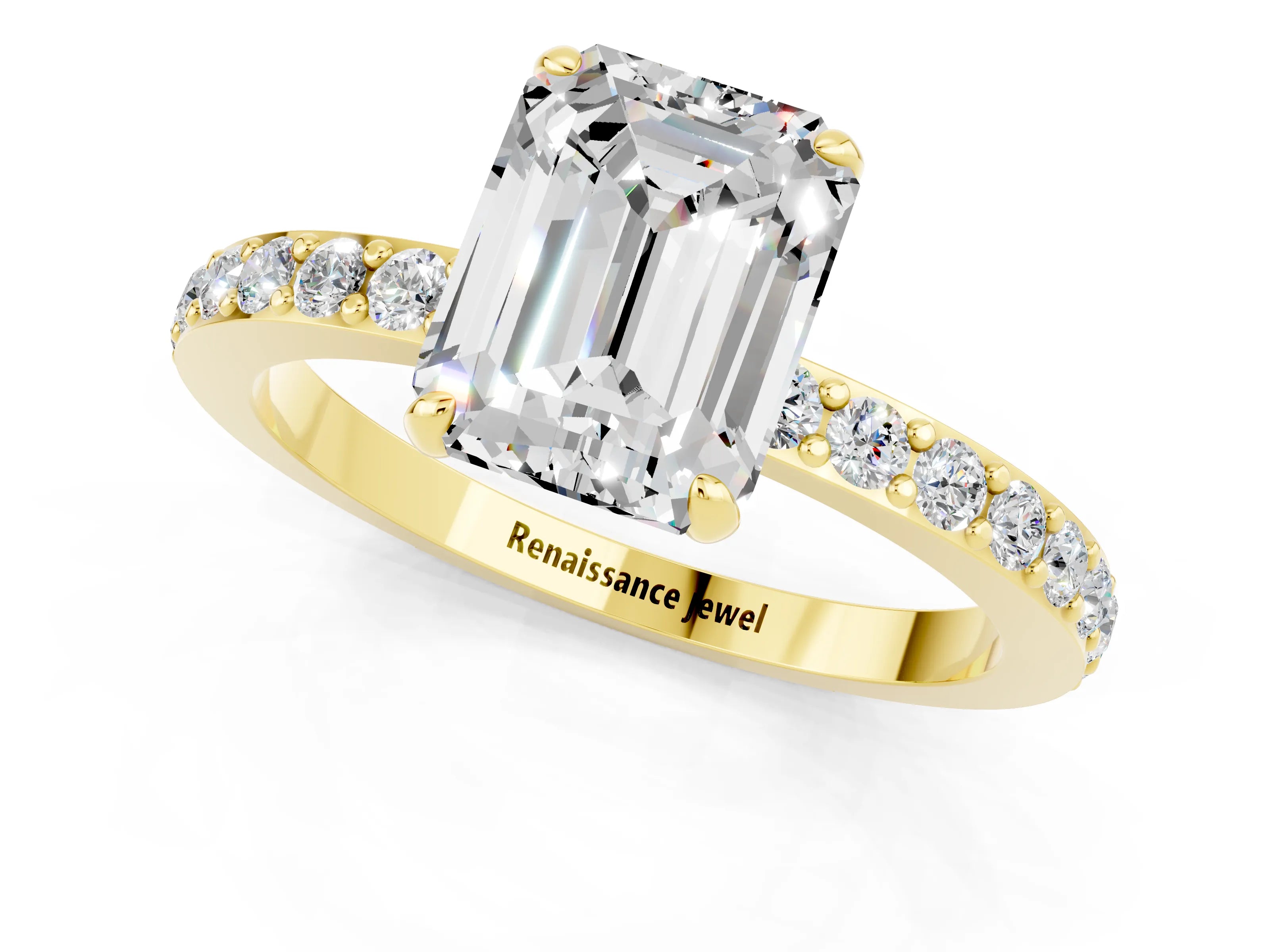 Yellow gold Emerald Cut Moissanite Solitaire Engagement Ring with Pavé Band and Four-Prong Setting_1