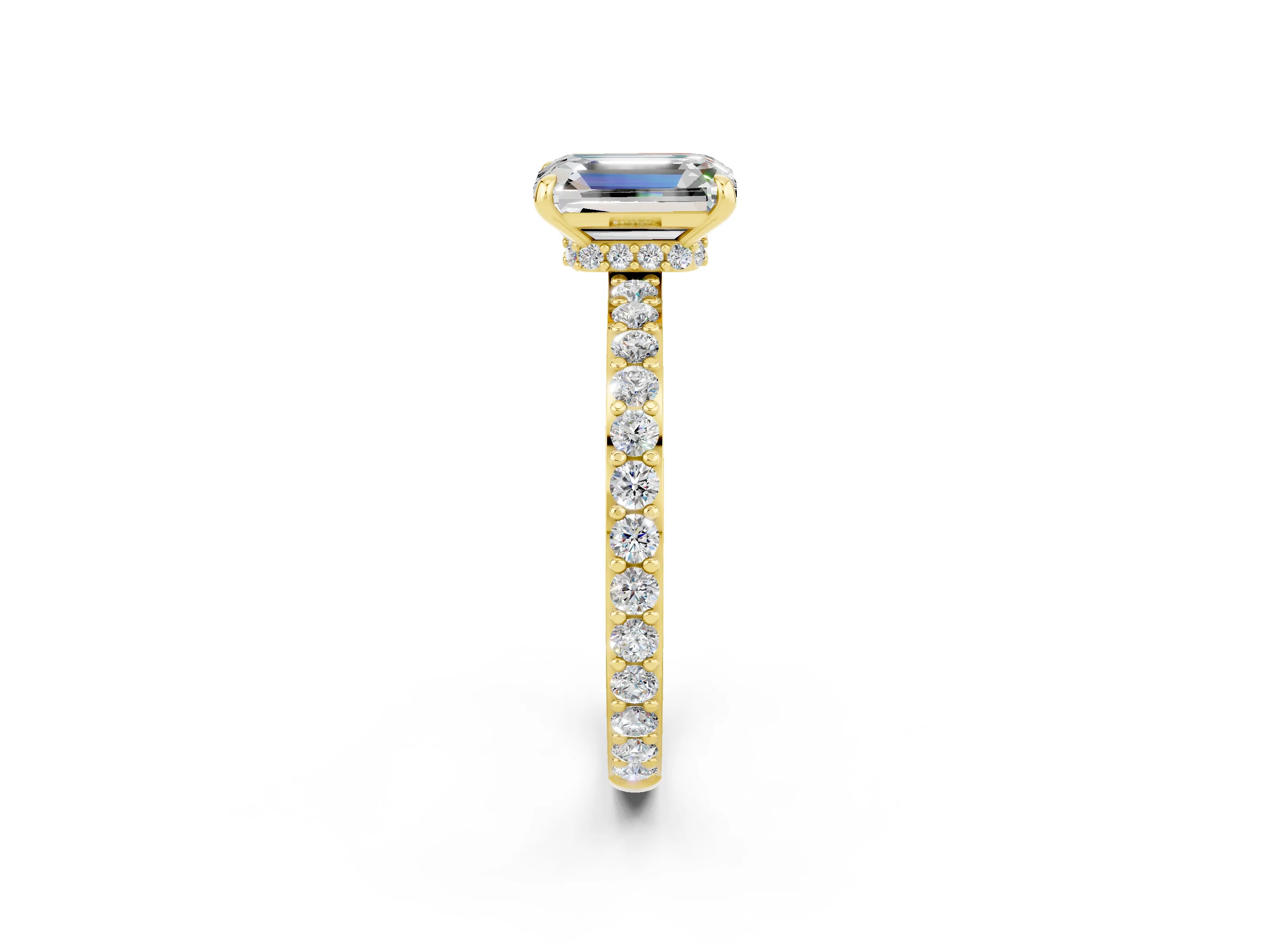 Yellow gold Emerald Cut Moissanite Solitaire Engagement Ring with Pavé Band and Four-Prong Setting_2