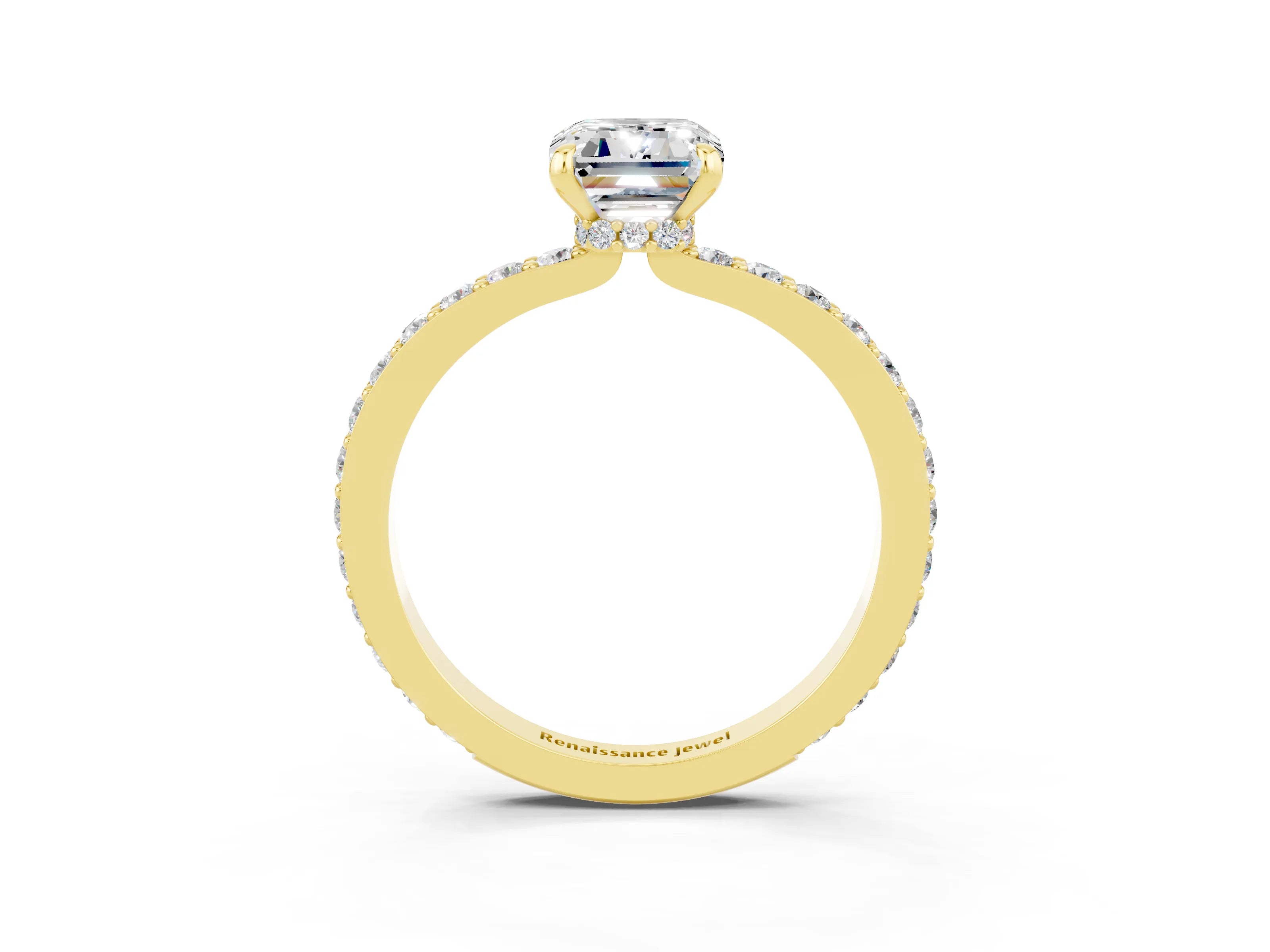 Yellow gold Emerald Cut Moissanite Solitaire Engagement Ring with Pavé Band and Four-Prong Setting_3