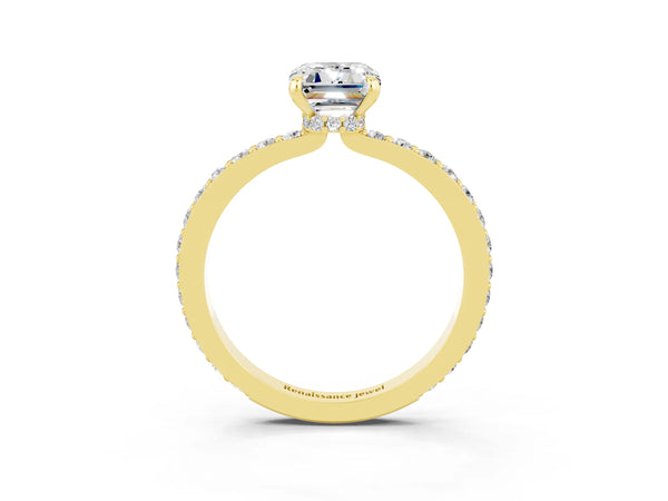 Yellow gold Emerald Cut Moissanite Solitaire Engagement Ring with Pavé Band and Four-Prong Setting