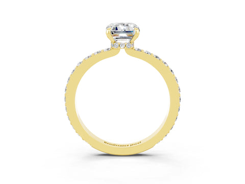 Yellow gold Emerald Cut Moissanite Solitaire Engagement Ring with Pavé Band and Four-Prong Setting_3