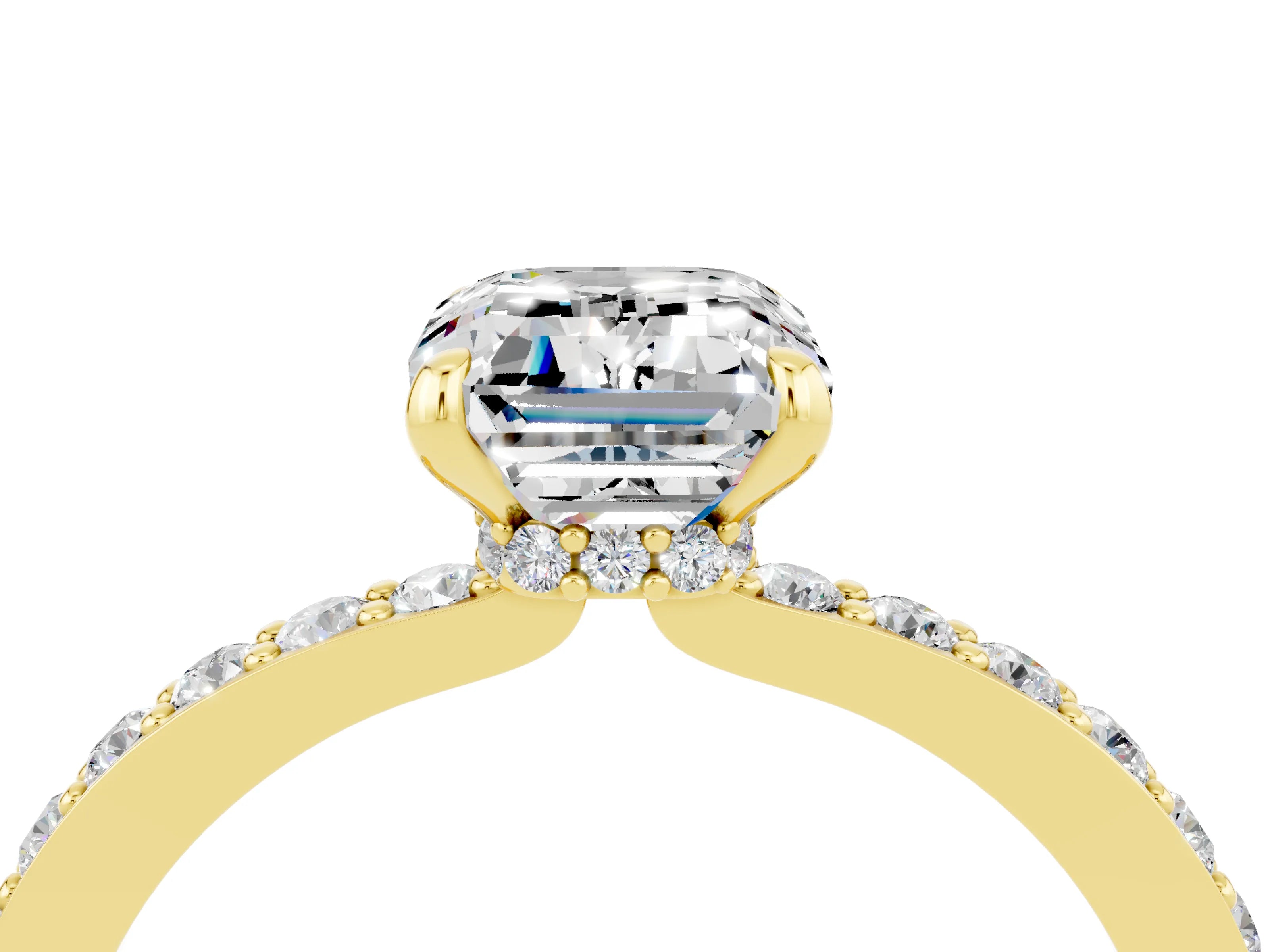 Yellow gold Emerald Cut Moissanite Solitaire Engagement Ring with Pavé Band and Four-Prong Setting_4