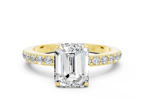 Yellow gold Emerald Cut Moissanite Solitaire Engagement Ring with Pavé Band and Four-Prong Setting
