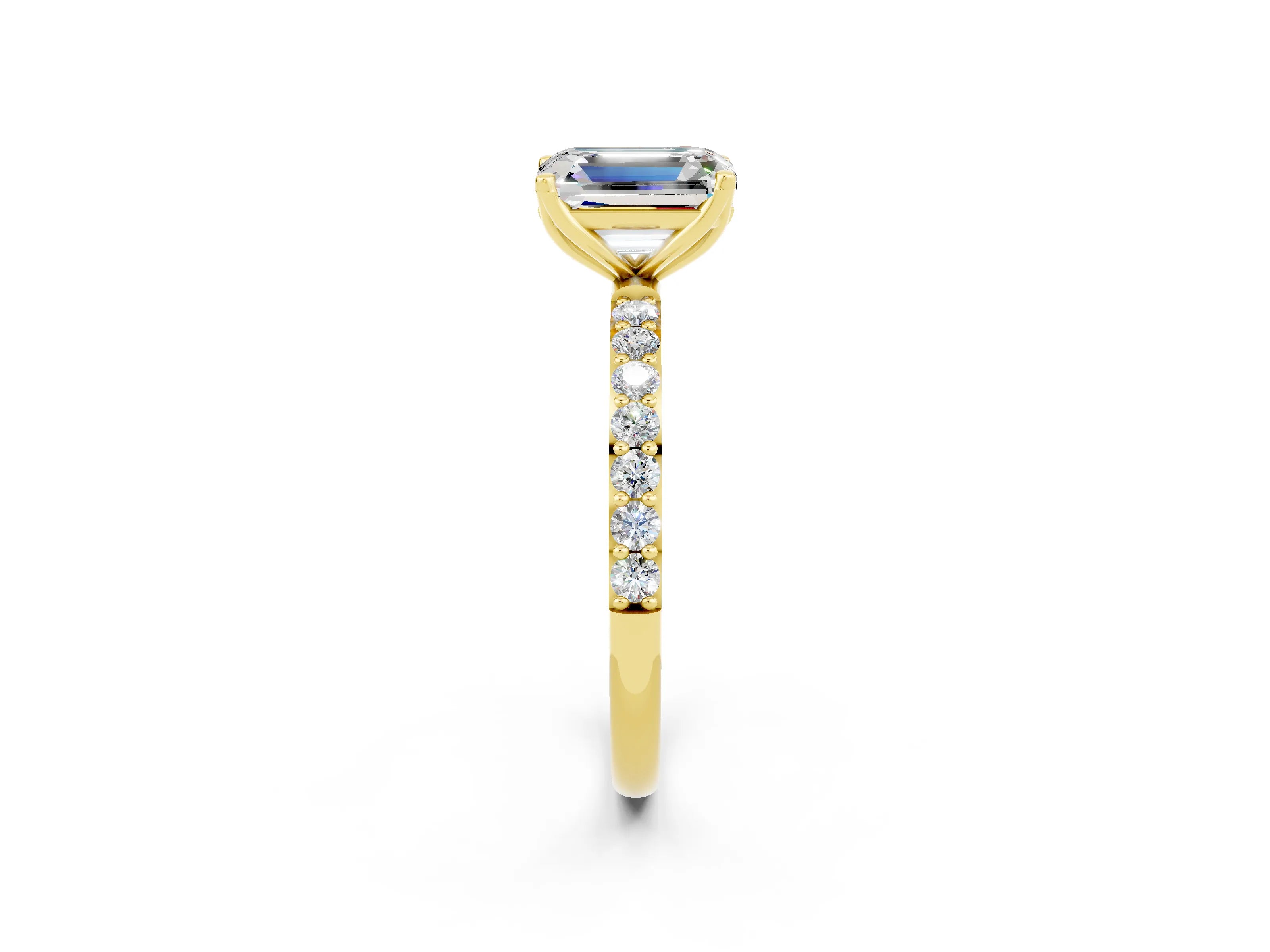 Yellow gold Emerald Cut Moissanite Solitaire Engagement Ring with Pavé Band and Prong Setting_2