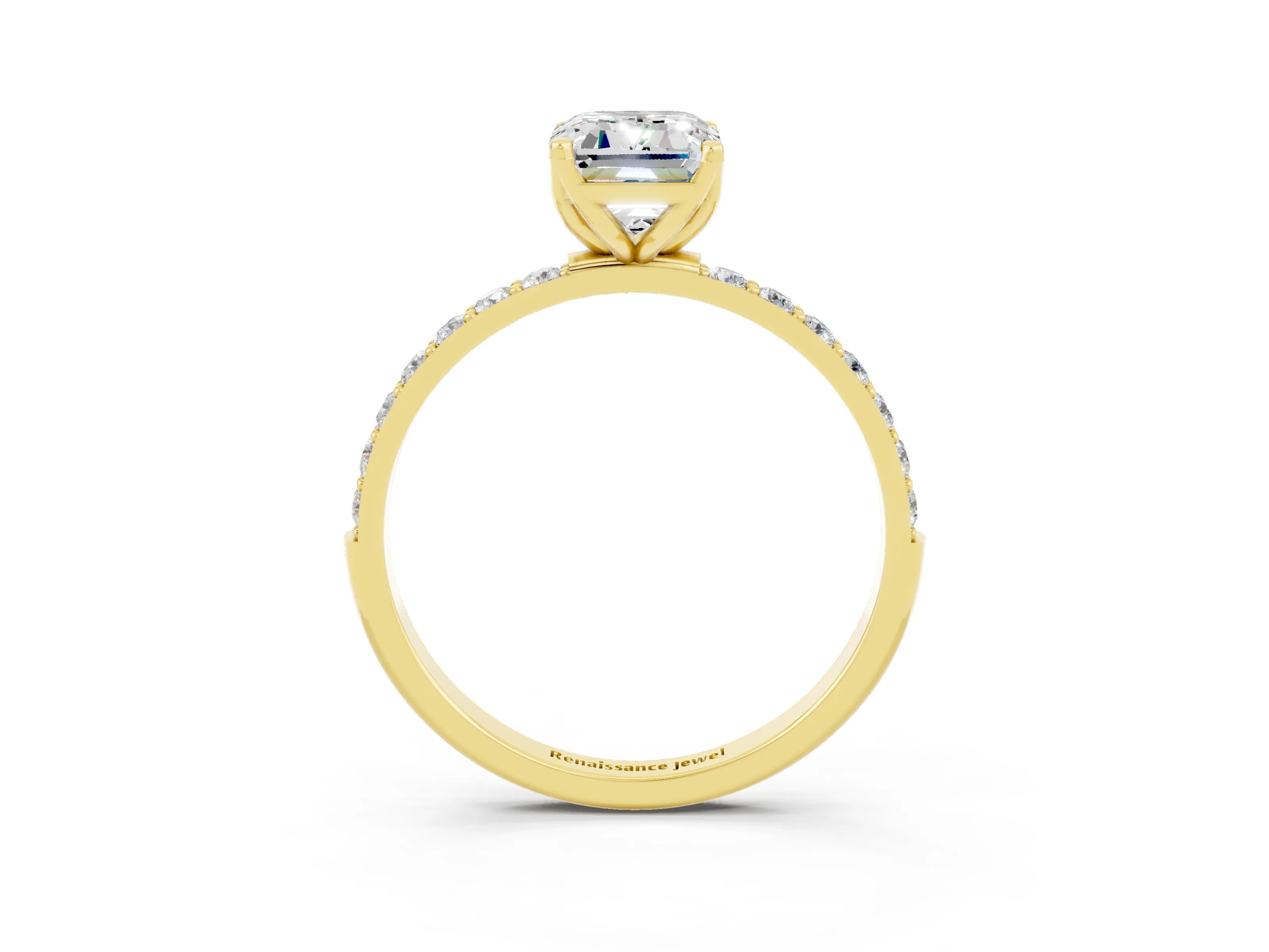 Yellow gold Emerald Cut Moissanite Solitaire Engagement Ring with Pavé Band and Prong Setting_3