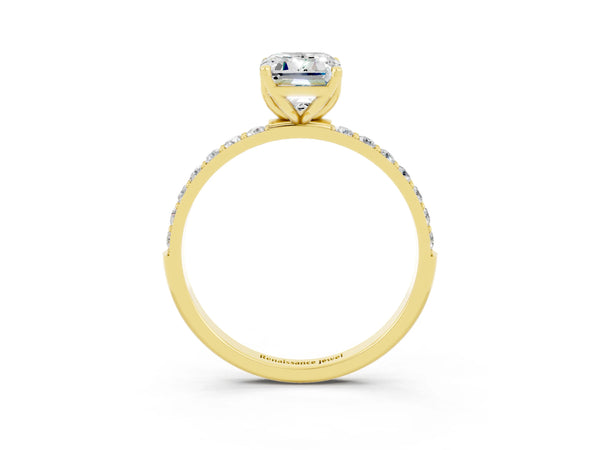 Yellow gold Emerald Cut Moissanite Solitaire Engagement Ring with Round  Pavé Band and Prong Setting