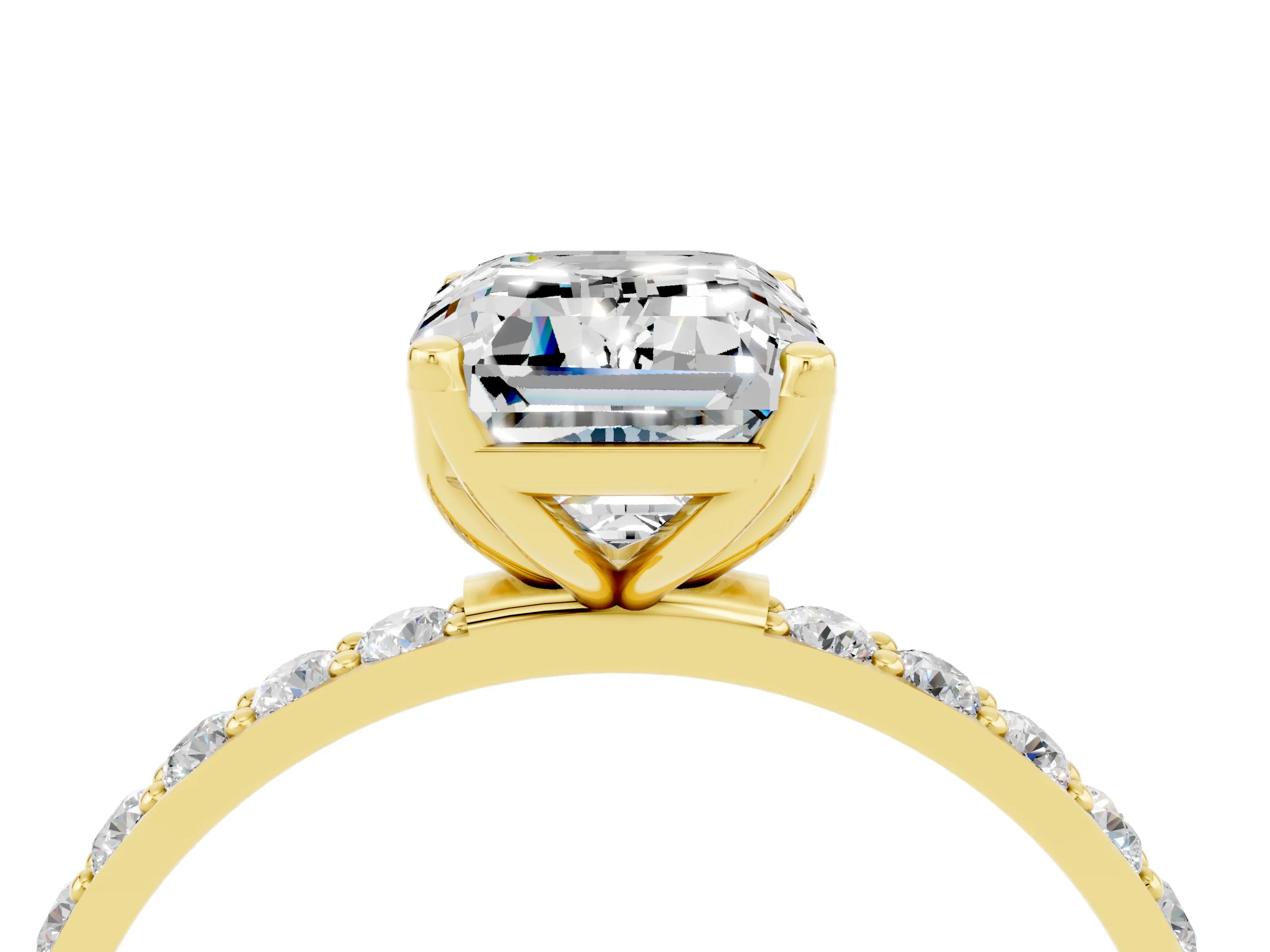 Yellow gold Emerald Cut Moissanite Solitaire Engagement Ring with Pavé Band and Prong Setting_4