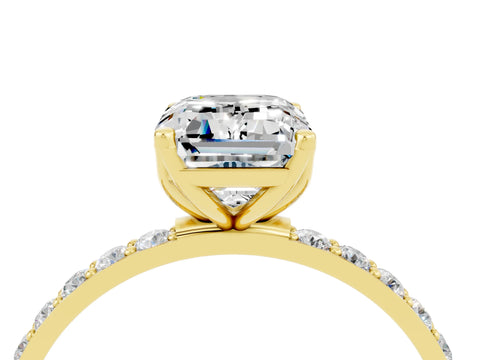 Yellow gold Emerald Cut Moissanite Solitaire Engagement Ring with Pavé Band and Prong Setting_4